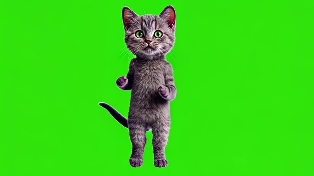 Looped dancing baby cute grey kitten isolated on green chroma key background. Full body shot, alpha transparent overlay