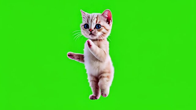 Looped dancing baby cute white kitten isolated on green chroma key background. Full body shot, alpha transparent overlay