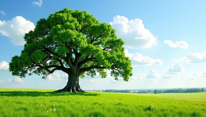 Fototapeta premium Ancient, sprawling oak, solitary in vast field, textured, sky