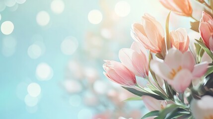 Fototapeta premium Delicate pink tulips blooming against a soft bokeh background