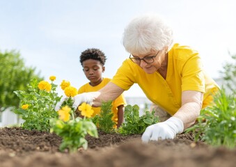 Fototapeta premium Intergenerational Teamwork in Urban Community Garden Seniors and Youth in Environmental Action