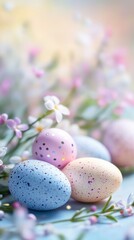 Obraz premium Colorful speckled easter eggs and spring flowers amidst soft pastel background