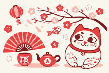 Japanese New Year, kawaii style, traditional motifs, lucky charms, maneki-neko, daruma doll, cherry blossoms, fan, koi fish, kadomatsu, mochi, lucky cat, teapot, temari ball, red and pink color scheme