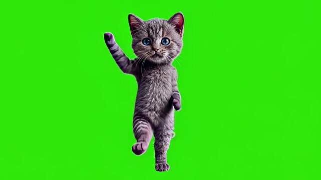 Looped dancing baby cute grey kitten isolated on green chroma key background. Full body shot, alpha transparent overlay
