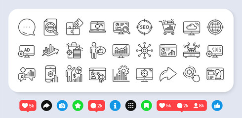Seo line icons. Social media: share, comment, like icons. Set of Business Ad strategy, Increase sales and Website optimization icons. Puzzle, Web seo timer and Analytics increase graph. Vector