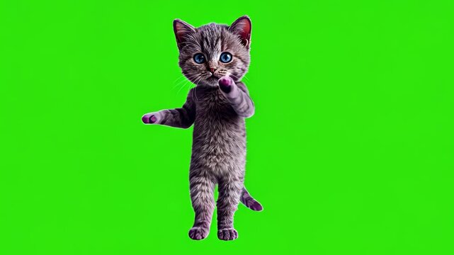 Looped dancing baby cute grey kitten isolated on green chroma key background. Full body shot, alpha transparent overlay