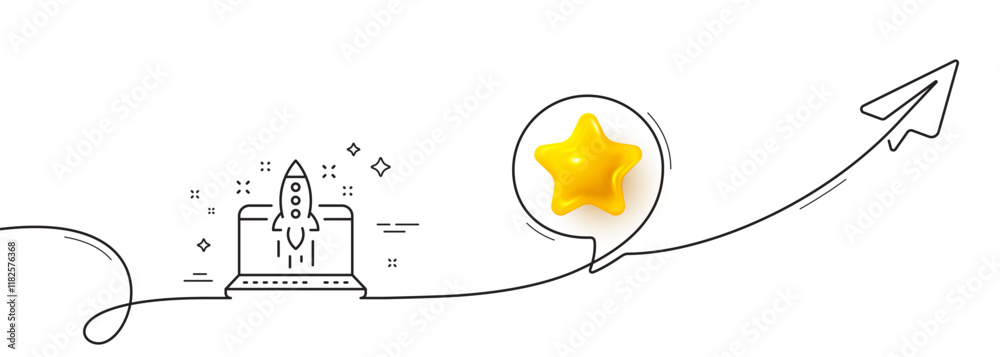 Poster start business line icon. continuous line with share plane. launch crowdfunding project sign. innova