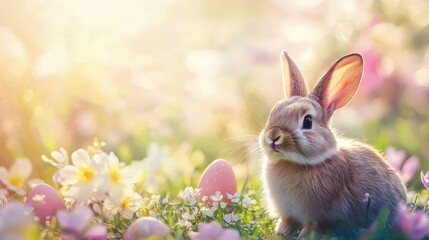Cute baby rabbit in sunlit flower meadow with easter eggs