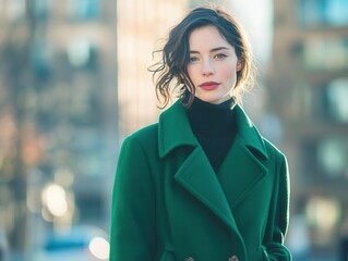 Fototapeta premium candid outdoor fashion portrait young woman in emerald green coat against urban setting with natural lighting and bokeh effect