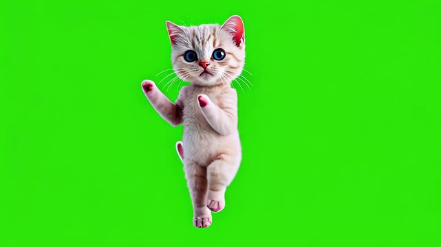 Looped dancing baby cute white kitten isolated on green chroma key background. Full body shot, alpha transparent overlay