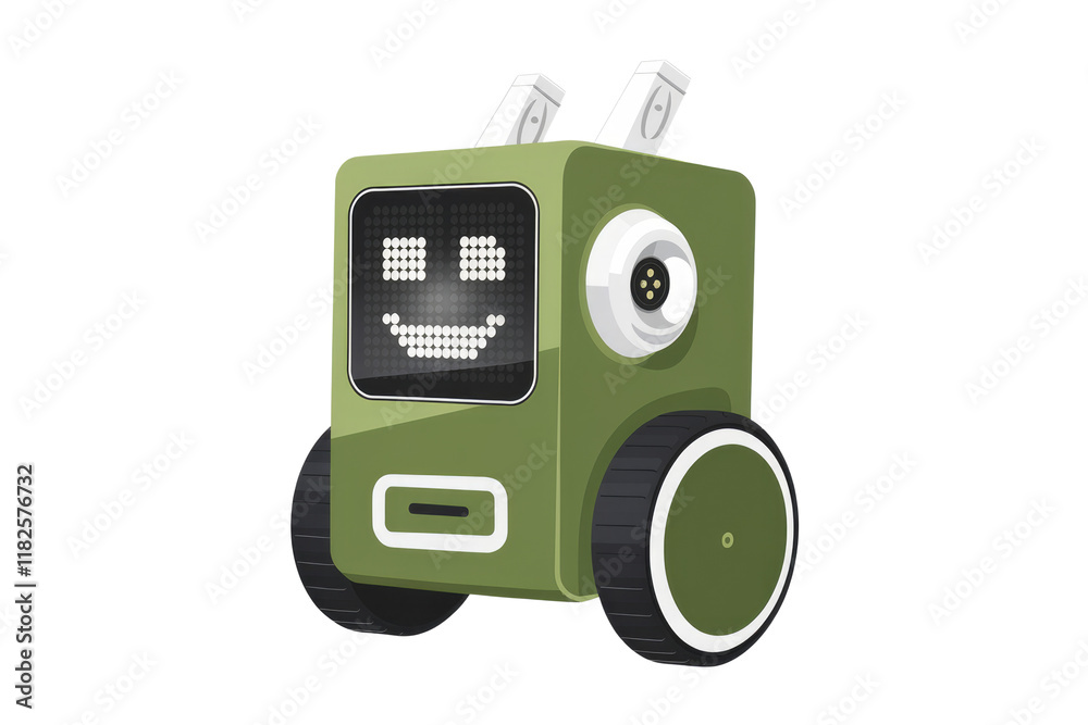 Fototapete a happy, green robot with wheels and a screen displaying a smiling face. background removed