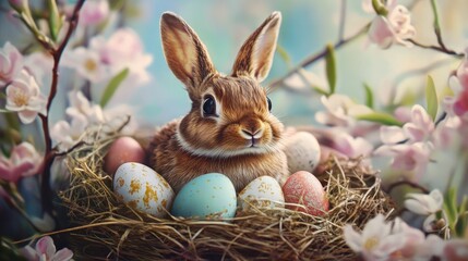 Adorable bunny surrounded by colorful easter eggs in a nest amidst blossoming flowers