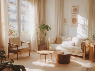 chic parisian apartment featuring a cozy scandinavian-inspired living room, adorned with minimalist decor, natural light streaming in through the windows