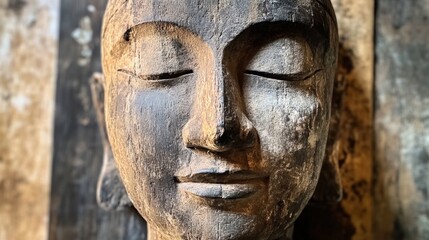 Intricate Wooden Buddha Head Sculpture