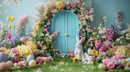 Whimsical spring garden with bunny, blooming flowers, and colorful easter eggs