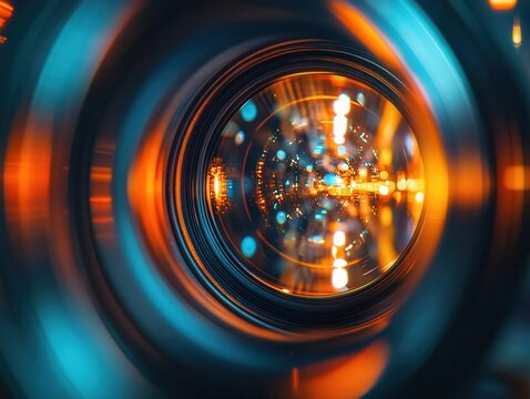 close-up of a high-quality video camera lens, capturing intricate details of its structure and design, set against a blurred background that emphasizes its professional features and capabilities