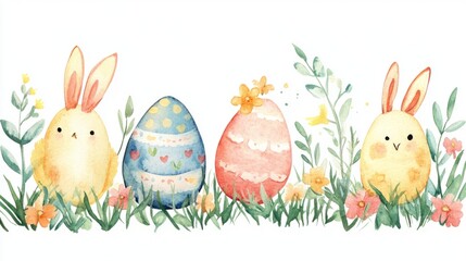 Cute watercolor easter scene with bunny ears and decorated eggs in grass