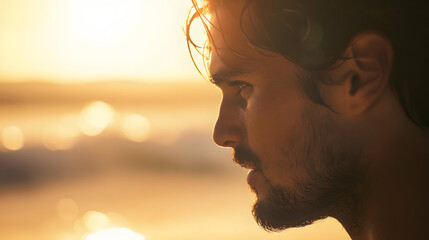 close-up of a surfer's face, psyching himself up to surf the waves on the beach