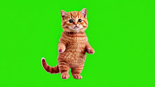 Looped dancing baby cute ginger kitten isolated on green chroma key background. Full body shot, alpha transparent overlay