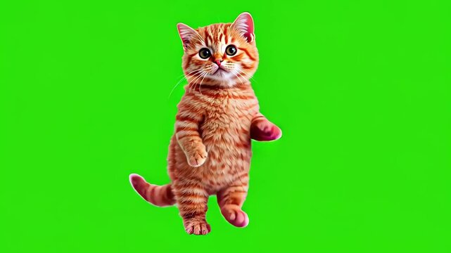 Looped dancing baby cute ginger kitten isolated on green chroma key background. Full body shot, alpha transparent overlay