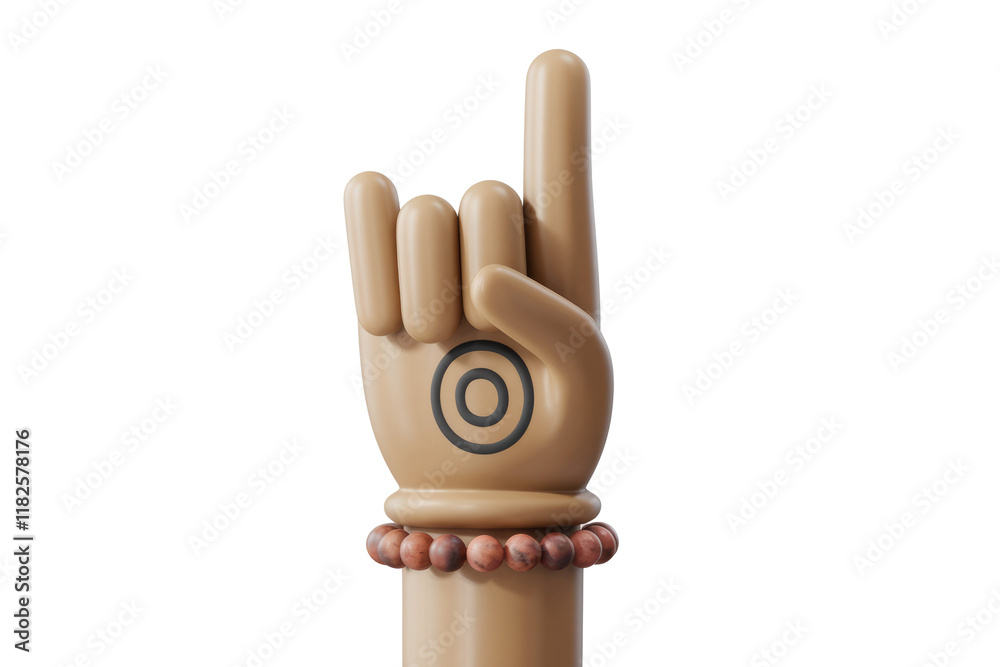Poster 3d rendered image of a cartoon hand with a symbol and bracelet, index finger pointing up. background