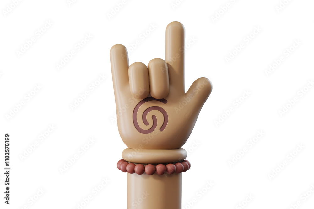 Poster a 3d cartoon hand showing rock-on gesture with a spiral symbol on the palm and a beaded bracelet. ba