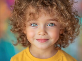 Naklejka premium close-up portrait of a child with curly hair, showcasing innocence and joy. bright eyes and a radiant smile capture the essence of childhood, set against a colorful background
