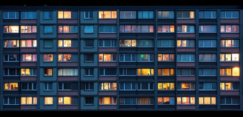 A view of multiple apartment windows in a high-rise building, each glowing warmly with light, revealing glimpses of urban life during the evening.