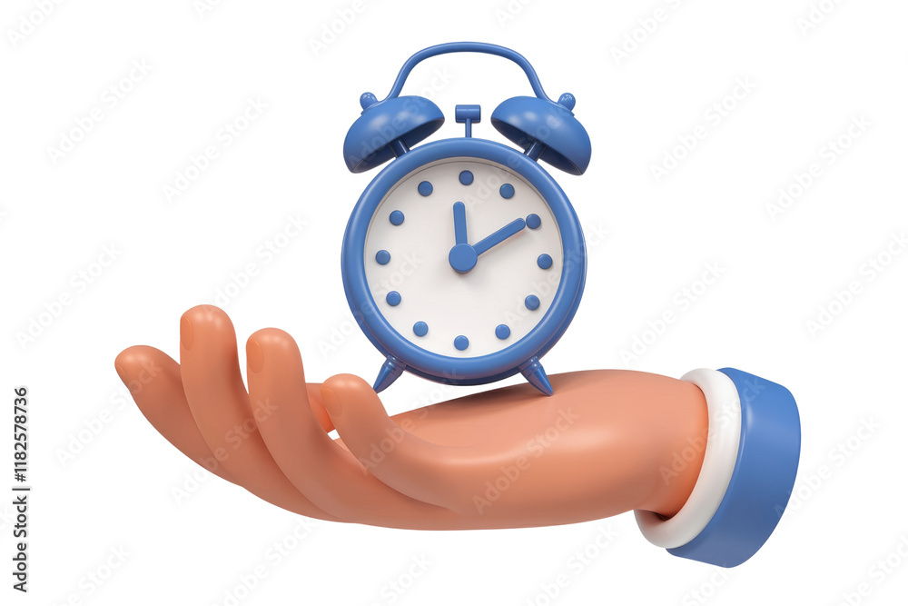 Poster a 3d cartoon hand gently holds a blue alarm clock, symbolizing time management and punctuality. back