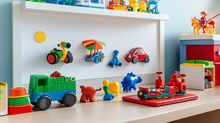 Colorful magnetic toys on shelf, playroom, child's room, educational