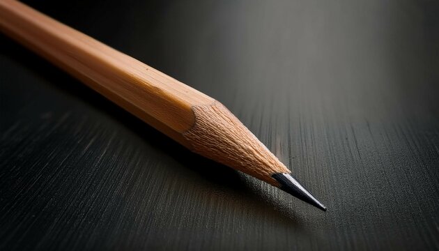 close up of sharpened pencil resting on black paper showcasing its fine tip and wooden texture contrast highlights simplicity and elegance of stationery