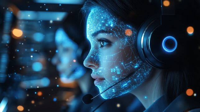 Female asian young adult with futuristic digital face mapping in tech environment