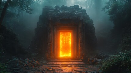 Fototapeta premium Ancient Stone Gateway Flaming Entrance Forest