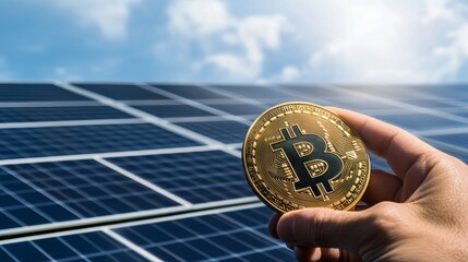 Hand holding bitcoin coin against solar panels under sunny sky