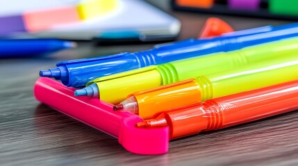 Fototapeta premium Colorful markers desk organizer office supplies background
