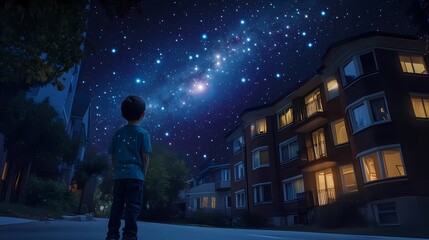 Naklejka premium Boy Gazing at Starry Sky with Constellations in Front of Residential Building