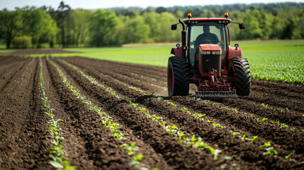 Fototapeta premium Fresh crops are nurtured under the sun as a tractor plows through rows of rich soil in a serene countryside landscape