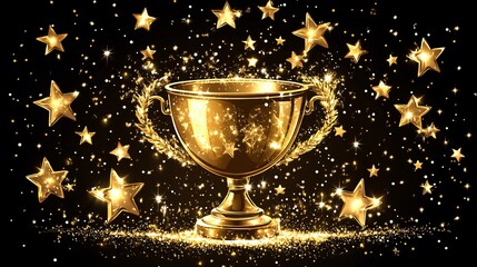 Golden trophy with sparkling stars and glitter at a celebration event