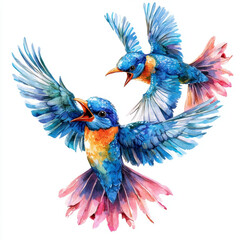 Fototapeta premium Illustration of two blue birds in flight on a white background.