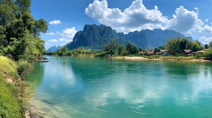 Obraz premium Serene River Views and Lush Mountains