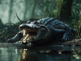Naklejka premium dangerous wild crocodile with open jaws near murky water edge in natural habitat, dramatic wildlife photography