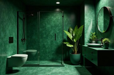 modern bathroom in green with shower and indoor plants