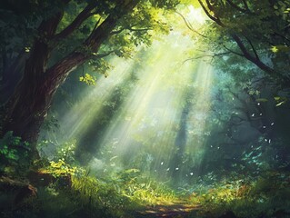 dark rainforest scene where sun rays pierce through dense foliage, illuminating rich greenery and creating an atmospheric, enchanting forest filled with fantasy elements