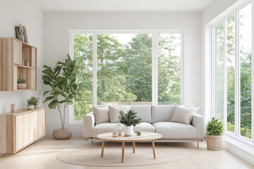 Modern living room with sofa, coffee table, soft decor, large windows, and natural views
