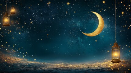 Fototapeta premium Minimalistic Ramadan background with golden crescent moon and stars on a soft pastel gradient
