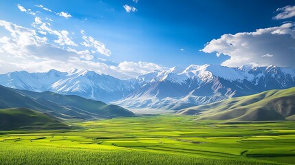 Obraz premium Verdant Valley Nestled Beneath Snow Capped Mountains