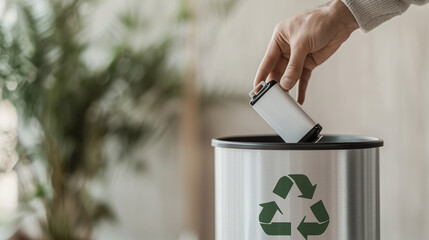 Hand placing rechargeable battery in recycling bin with eco symbols