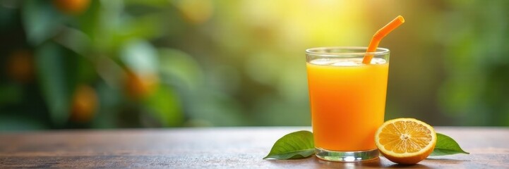Glass of orange juice with straw, beside a cup on a table , table setting, delicious