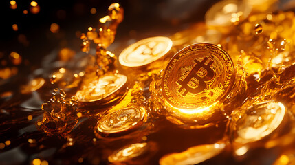 Golden bitcoin coins melting into liquid with fiery splashes, symbolizing volatility. Velvetlight. Illustration