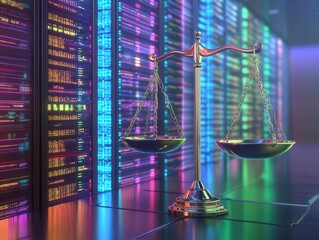 digital law scales set against a backdrop of a data center, merging the concepts of justice and technology, symbolizing the dual nature of law in the modern digital age